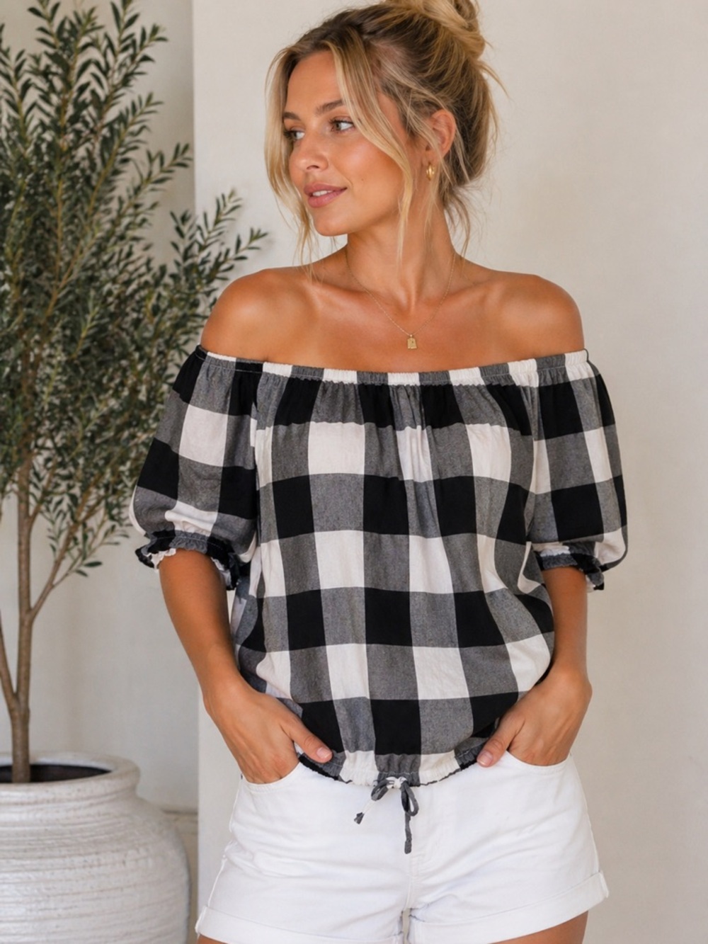 Tommy Hilfiger Black & White Gingham Off-Shoulder Top | Size Small
